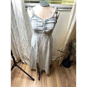 Sincerely Jules Striped Smocked Midi Dress Ruffle Strap sweetheart Lace-Up Front